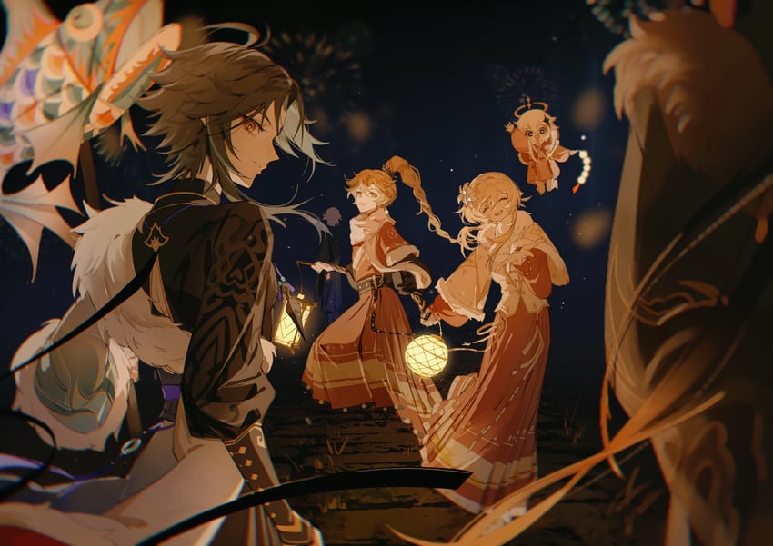 lumine, aether, zhongli, paimon, and xiao (genshin impact) drawn by aoma_(xuanzexuexi)