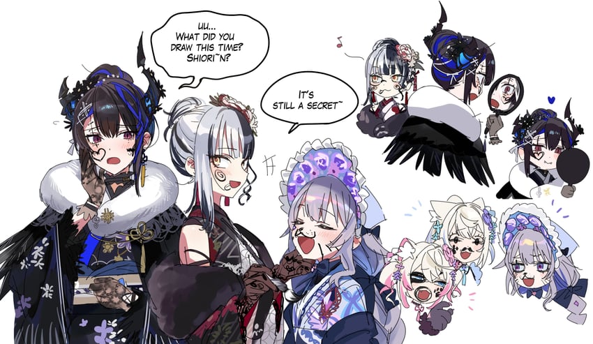shiori novella, nerissa ravencroft, fuwawa abyssgard, mococo abyssgard, and koseki bijou (hololive and 1 more) drawn by yomosaka