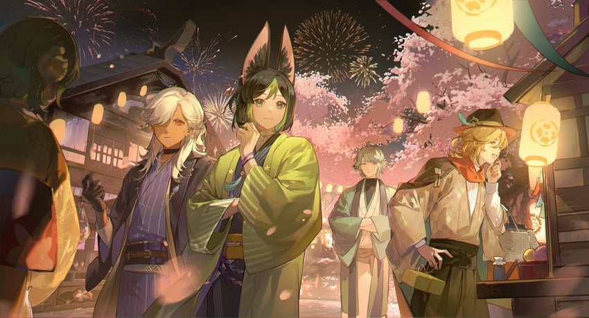 alhaitham, tighnari, kaveh, cyno, and collei (genshin impact) drawn by yandee233