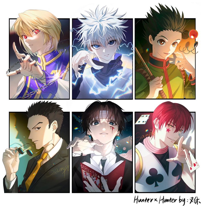 killua zoldyck, kurapika, gon freecss, hisoka morow, chrollo lucilfer, and 1 more (hunter x hunter) drawn by ppttppff