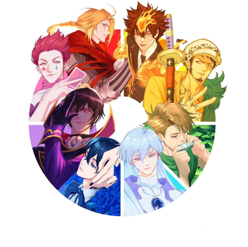 lelouch vi britannia, trafalgar law, edward elric, ciel phantomhive, hisoka morow, and 4 more (one piece and 8 more) drawn by purinrin001
