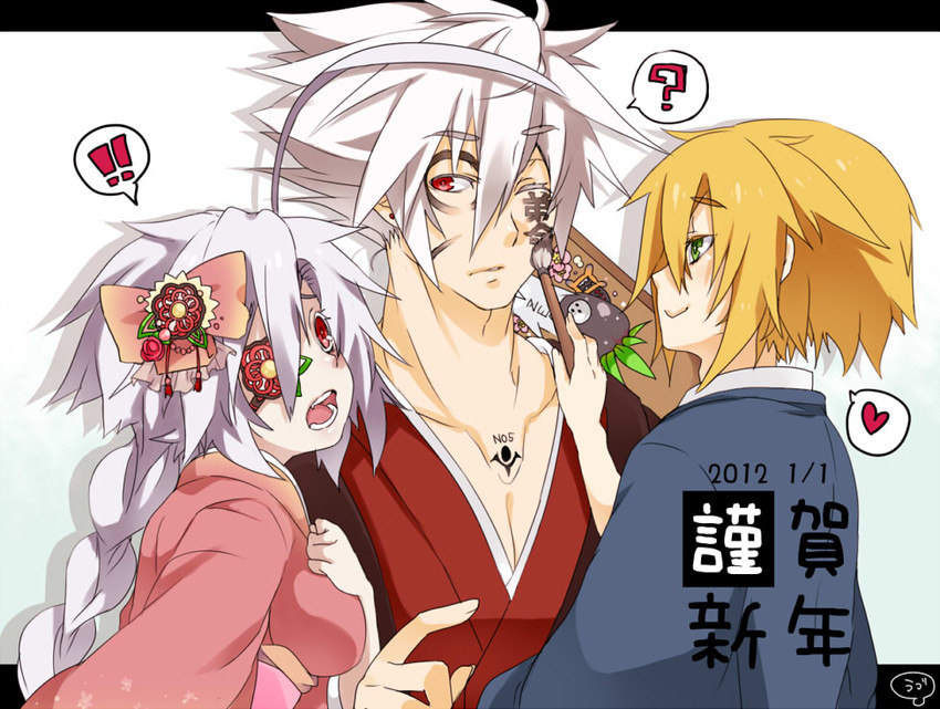ragna the bloodedge, nu-13, and jin kisaragi (blazblue) drawn by uzukinoko