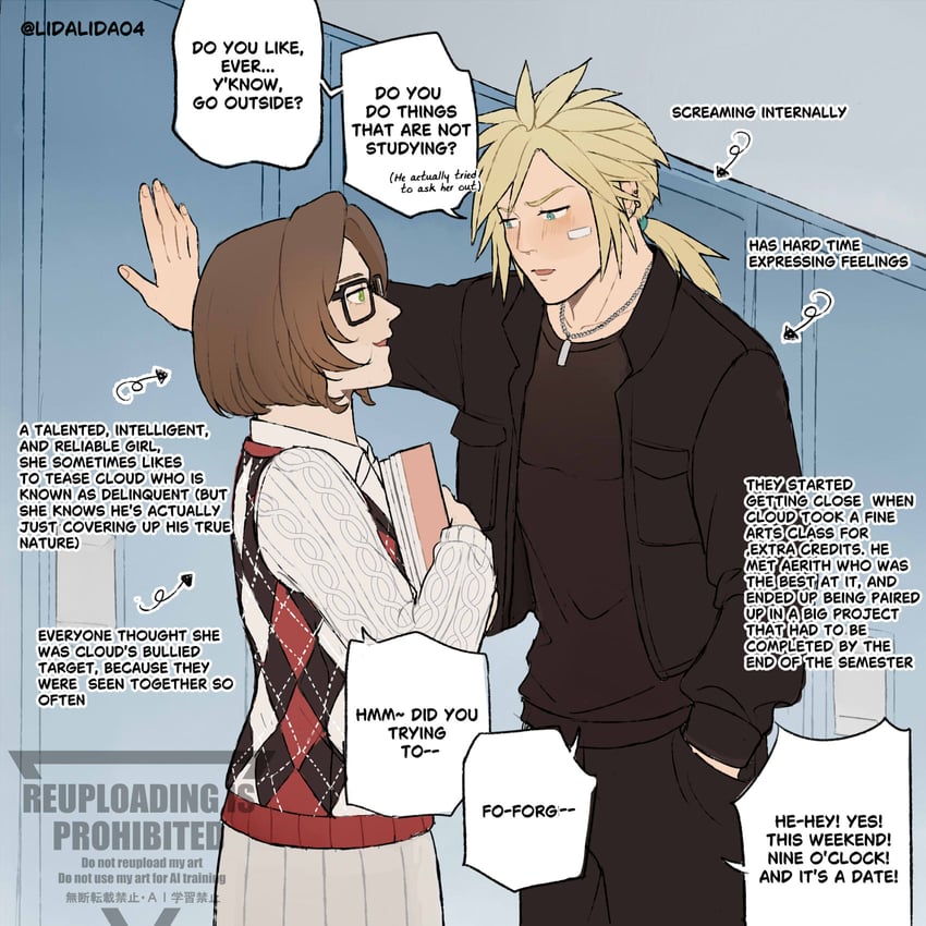 cloud strife and aerith gainsborough (final fantasy and 1 more) drawn by lida_(lidalida04)