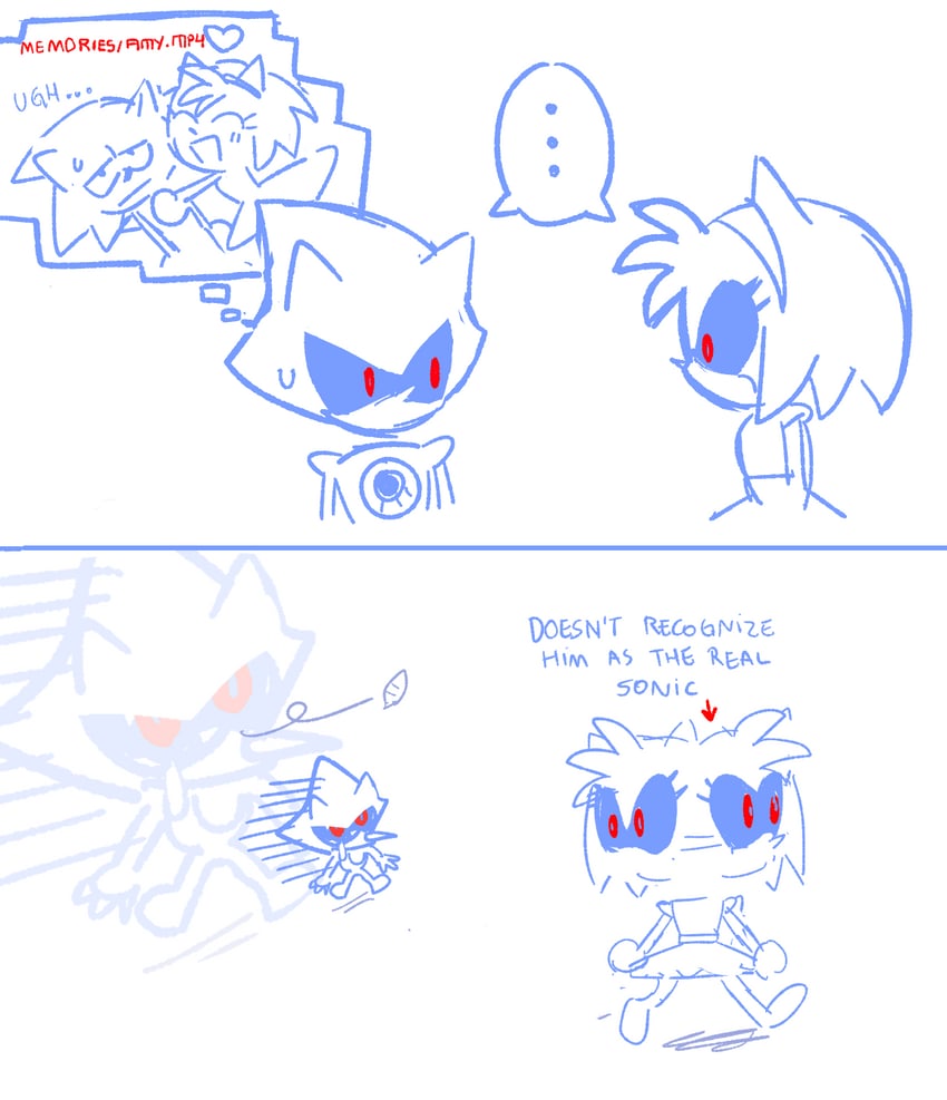 sonic the hedgehog, amy rose, metal sonic, metal amy, and bootleg metal sonic plush (sonic) drawn by caffstrink