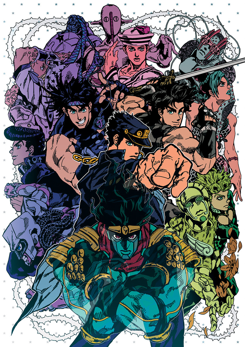 joseph joestar, kujo jotaro, kujo jolyne, giorno giovanna, jonathan joestar, and 11 more (jojo no kimyou na bouken and 8 more) drawn by pmushroom