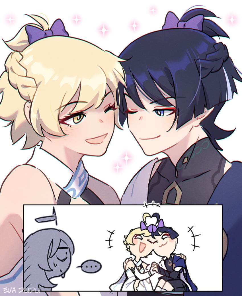 lumine, scaramouche, wanderer, and paimon (genshin impact) drawn by kakaolikeslegs