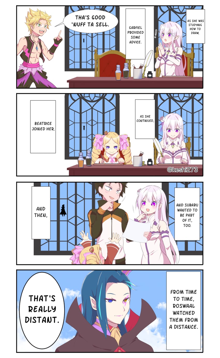 emilia, natsuki subaru, beatrice, garfiel tinsel, and roswaal l. mathers (re:zero kara hajimeru isekai seikatsu) drawn by keshi273