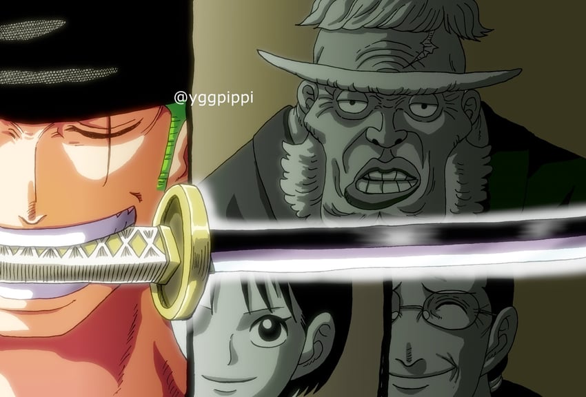 roronoa zoro, shimotsuki kuina, koushirou, and shimotsuki kozaburo (one piece) drawn by yggpippi