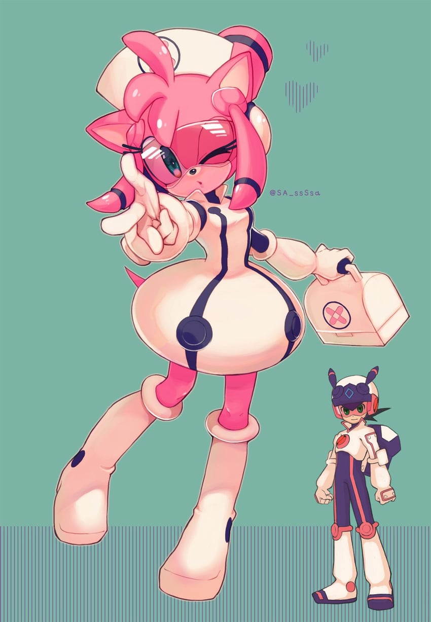 amy rose, megaman.exe, and meddy.exe (mega man and 3 more) drawn by konjiki_ringo