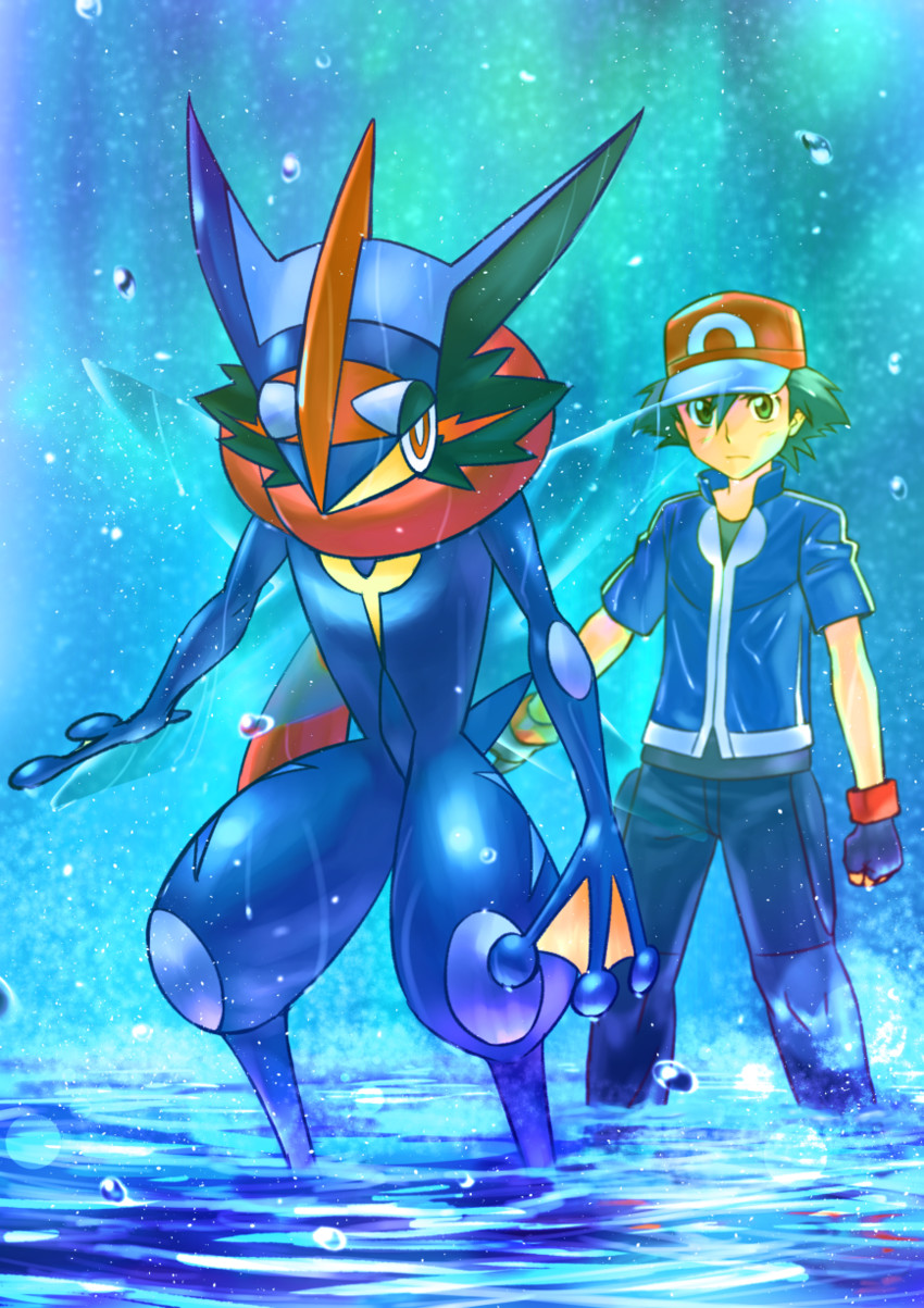 ash ketchum, greninja, and ash-greninja (pokemon) drawn by botbe
