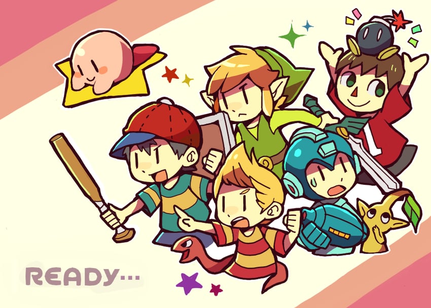 link, kirby, mega man, toon link, ness, and 5 more (the legend of zelda and 9 more) drawn by teijiro