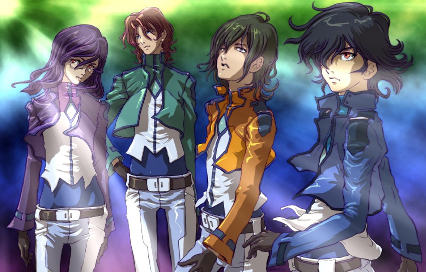 tieria erde, setsuna f. seiei, lockon stratos, allelujah haptism, and lyle dylandy (gundam and 1 more) drawn by oprince