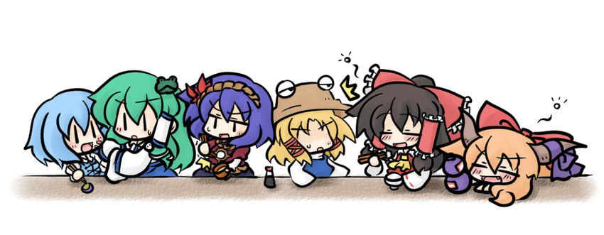 hakurei reimu, kochiya sanae, moriya suwako, tatara kogasa, ibuki suika, and 1 more (touhou) drawn by yanagi_(nurikoboshi)
