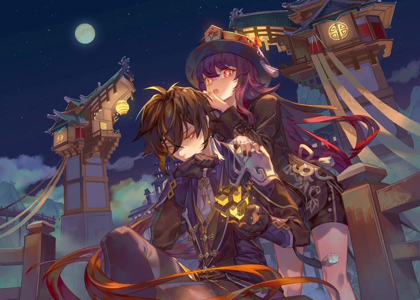 hu tao and zhongli (genshin impact) drawn by rui_(gsr1982)