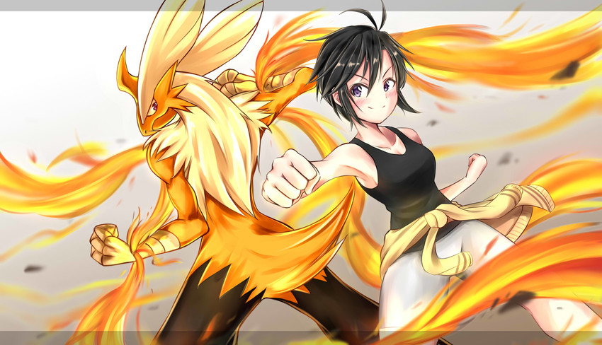 kikuchi makoto, blaziken, and mega blaziken (pokemon and 1 more) drawn by shiitake_taishi