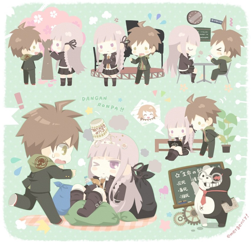 kirigiri kyoko, monokuma, naegi makoto, fujisaki chihiro, and alter ego (danganronpa and 1 more) drawn by ticktack_chicken