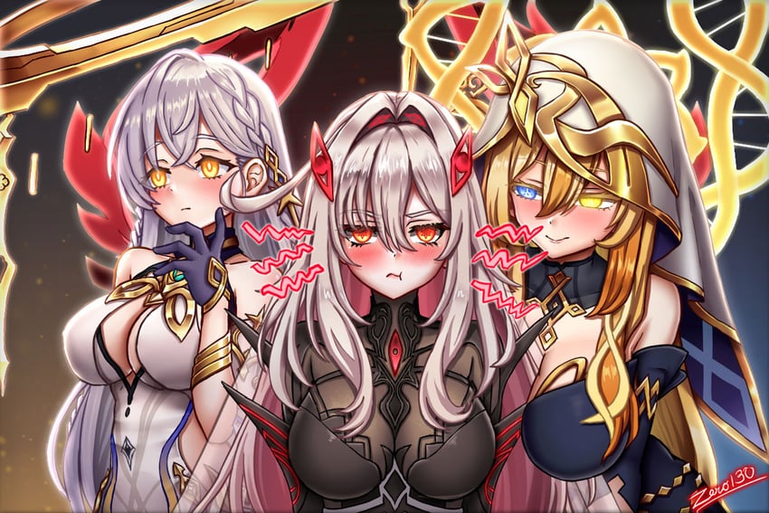 ronova, istaroth, and rhinedottir (genshin impact) drawn by zero130
