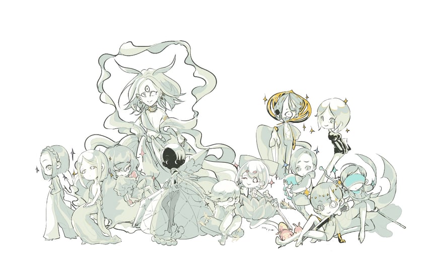 phosphophyllite, diamond, padparadscha, cairngorm, yellow diamond, and 5 more (houseki no kuni) drawn by yawo
