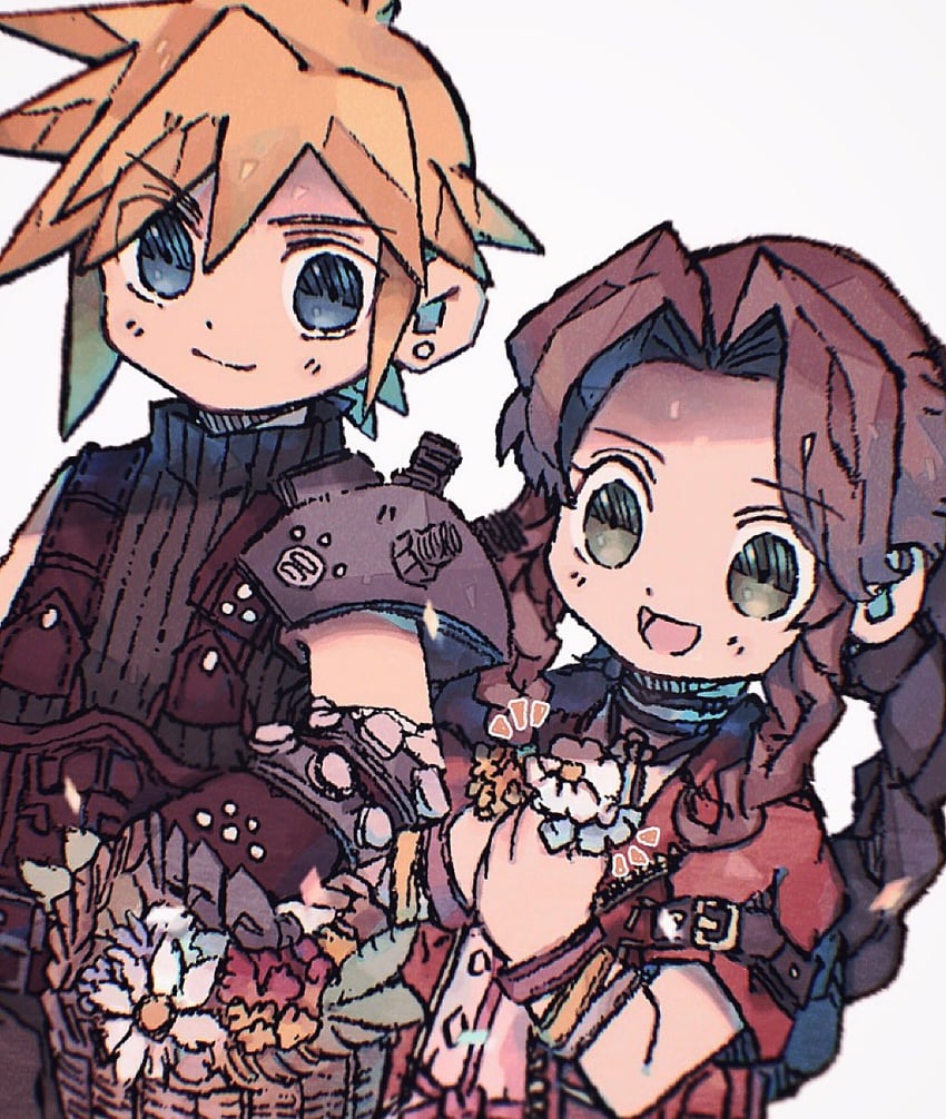 cloud strife and aerith gainsborough (final fantasy and 3 more) drawn by ankomochi_(tomatoaaa)
