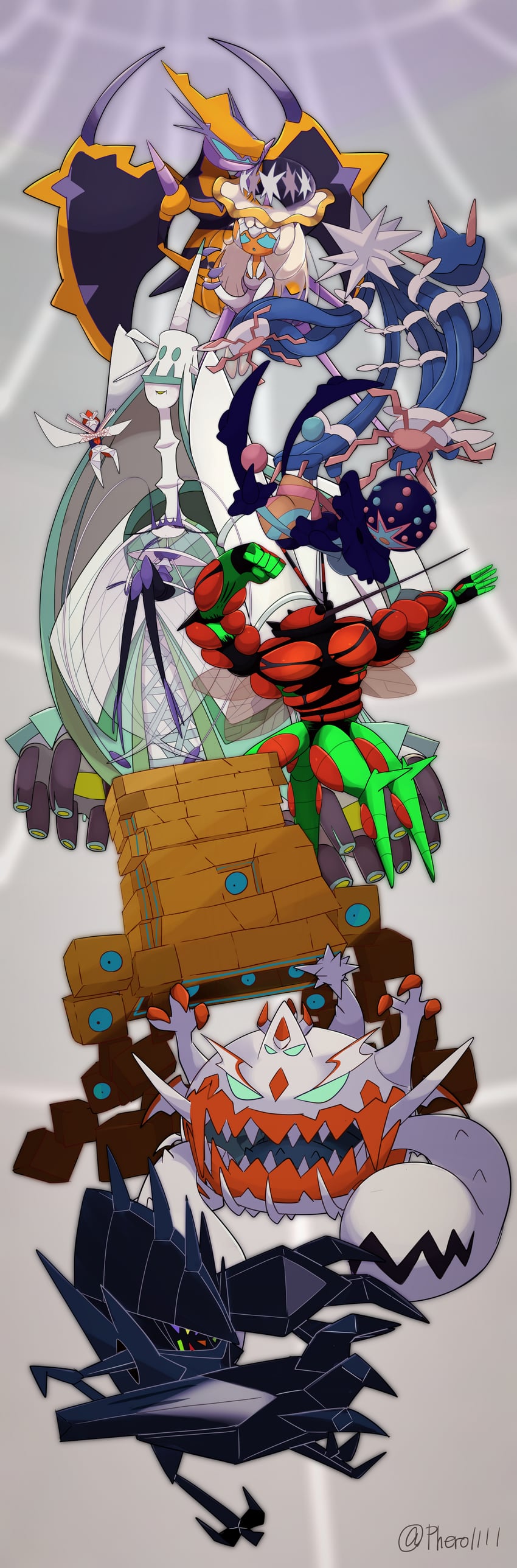 nihilego, pheromosa, poipole, buzzwole, necrozma, and 7 more (pokemon) drawn by a-nya