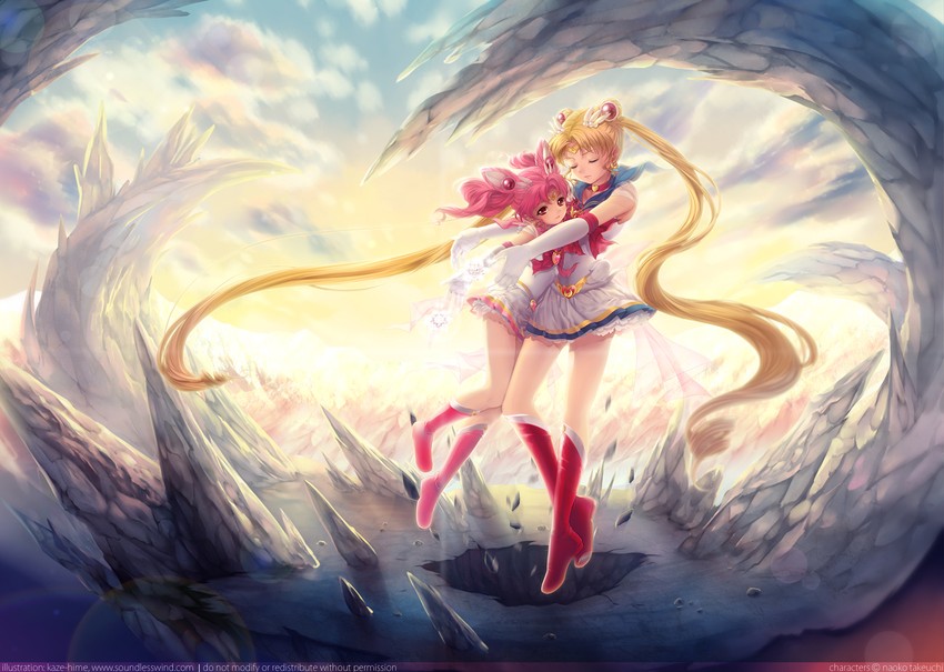 tsukino usagi, sailor moon, chibi usa, sailor chibi moon, super sailor moon, and 1 more (bishoujo senshi sailor moon) drawn by kaze-hime