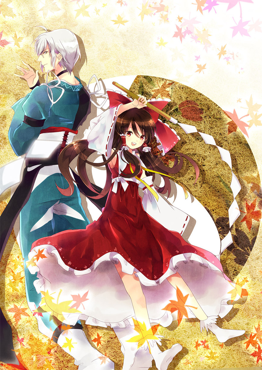 hakurei reimu and morichika rinnosuke (touhou) drawn by unabara_misumi