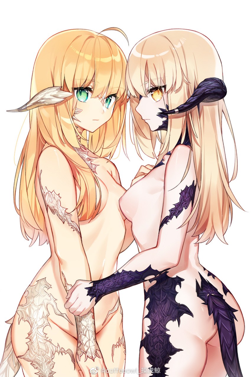 artoria pendragon, warrior of light, saber, and saber alter (fate and 3 more) drawn by kamiowl