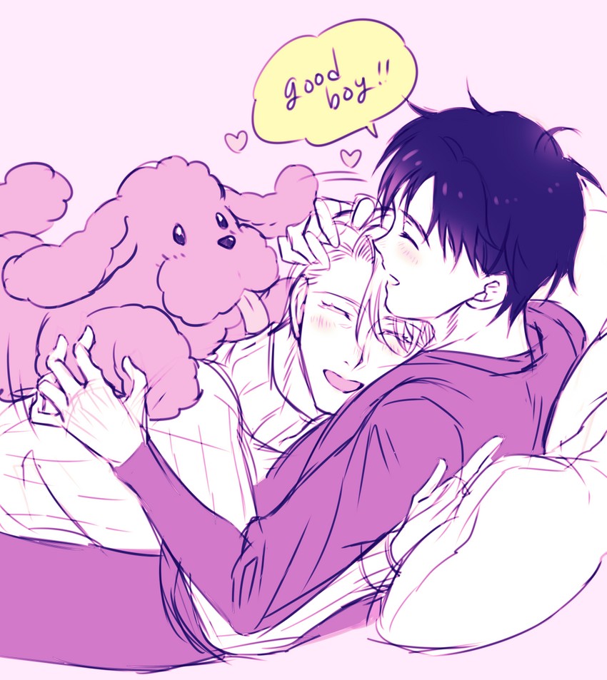katsuki yuuri, viktor nikiforov, and makkachin (yuri!!! on ice) drawn by hory_makoto