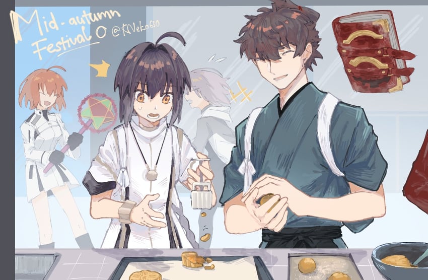 mash kyrielight, fujimaru ritsuka, yamato takeru, miyamoto iori, and crimson codex (fate and 2 more) drawn by kneko630