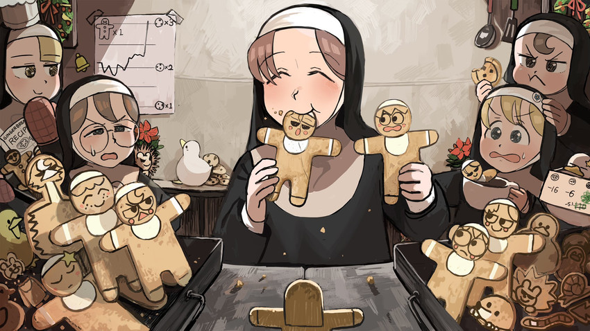clumsy nun, froggy nun, spicy nun, glasses nun, and hungry nun (little nuns) drawn by diva_(hyxpk)