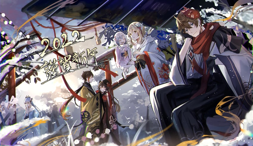 lumine, hu tao, zhongli, paimon, kamisato ayaka, and 1 more (genshin impact) drawn by orz_orr