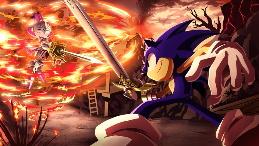 sonic the hedgehog, blaze the cat, caliburn, and percival (sonic and 1 more) drawn by pocho22059768
