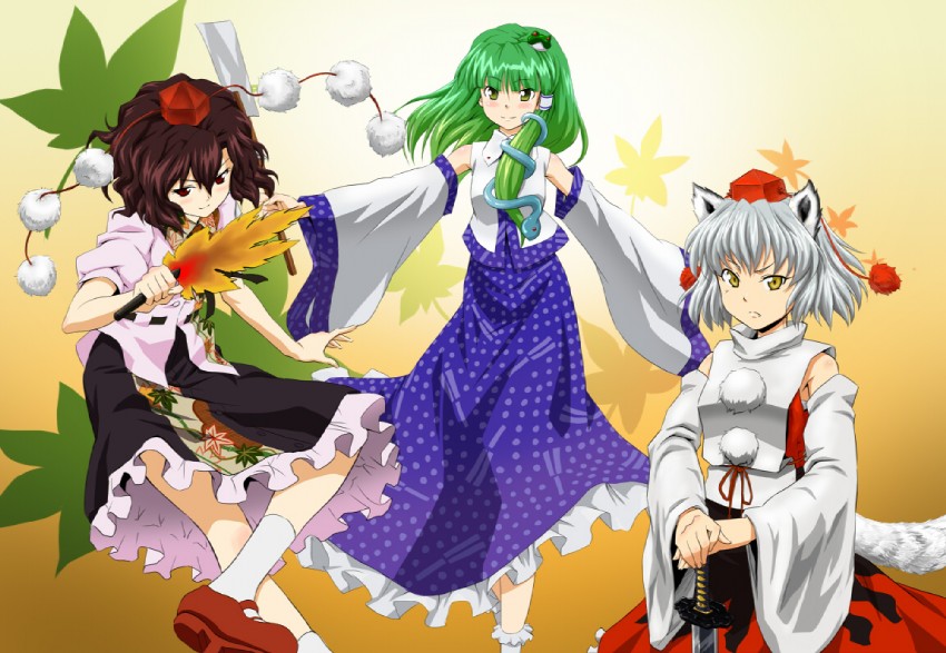 kochiya sanae, shameimaru aya, and inubashiri momiji (touhou) drawn by hop-step-jump