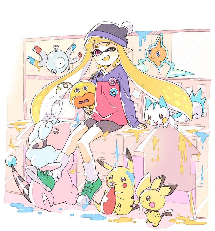 inkling player character, pikachu, inkling girl, rotom, pichu, and 4 more (pokemon and 1 more) drawn by sen_squid
