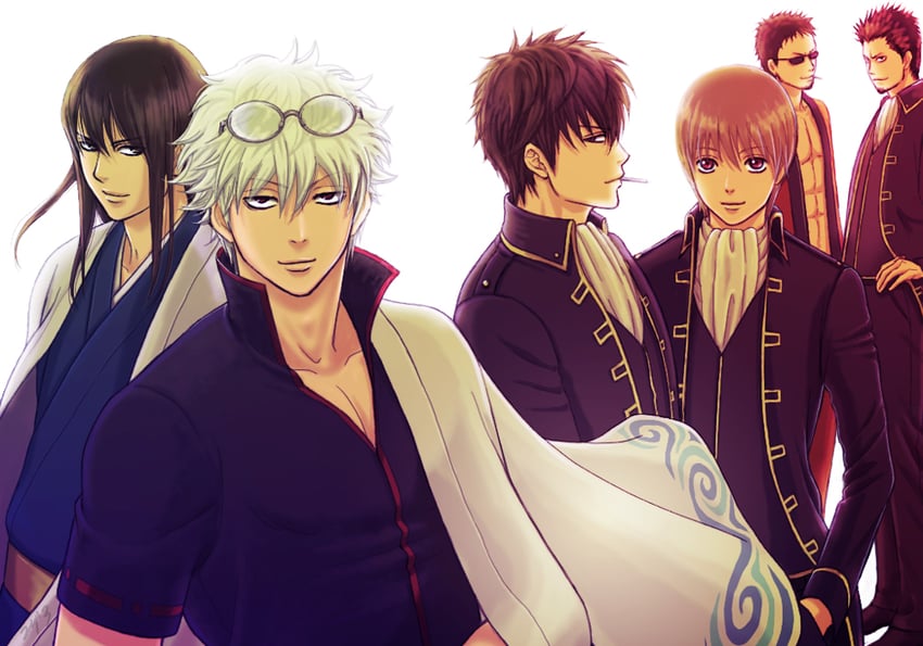 sakata gintoki, okita sougo, hijikata toushirou, shimura shinpachi, katsura kotarou, and 2 more (gintama) drawn by nigella.a