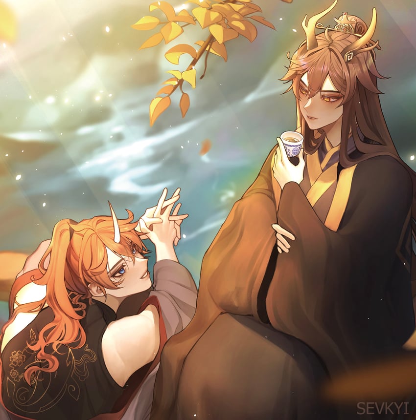 zhongli and tartaglia (genshin impact) drawn by sevkyi