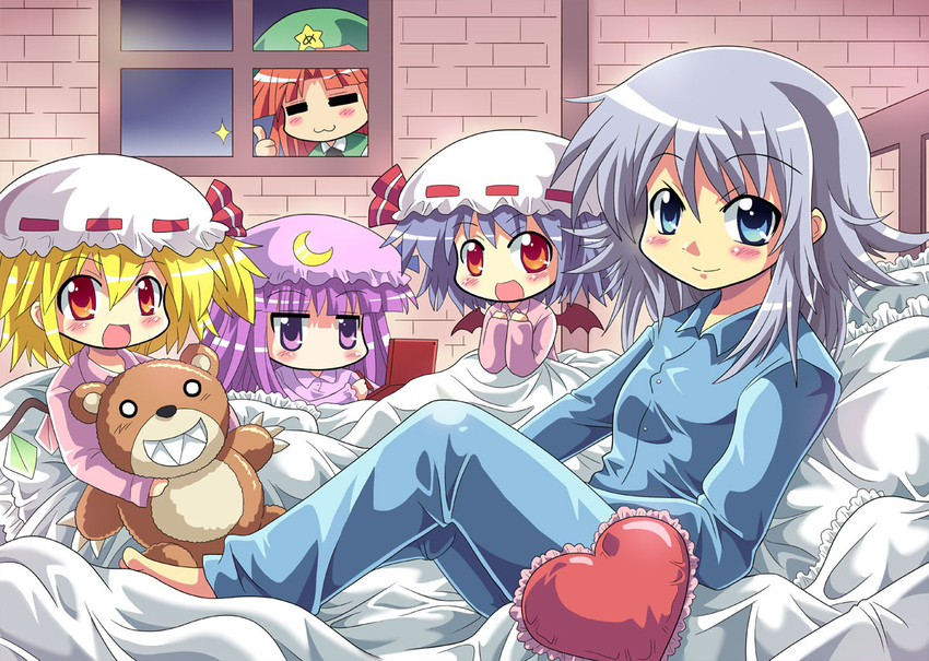 remilia scarlet, flandre scarlet, izayoi sakuya, patchouli knowledge, and hong meiling (touhou) drawn by colonel_aki