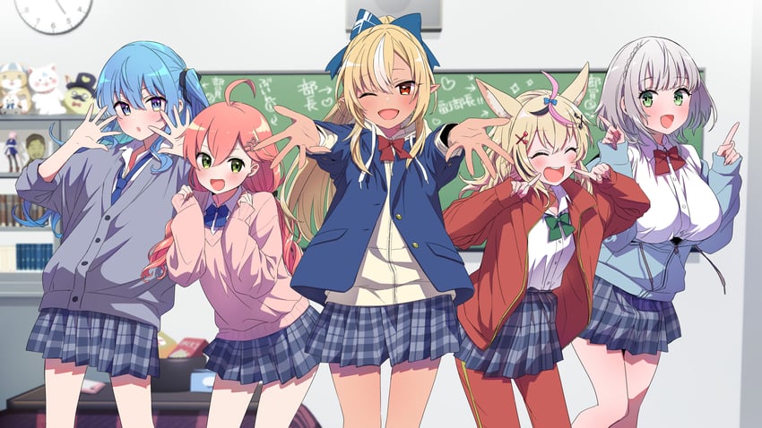 hoshimachi suisei, sakura miko, shirogane noel, shiranui flare, omaru polka, and 4 more (hololive and 1 more) drawn by tsumumi_(kandume103)