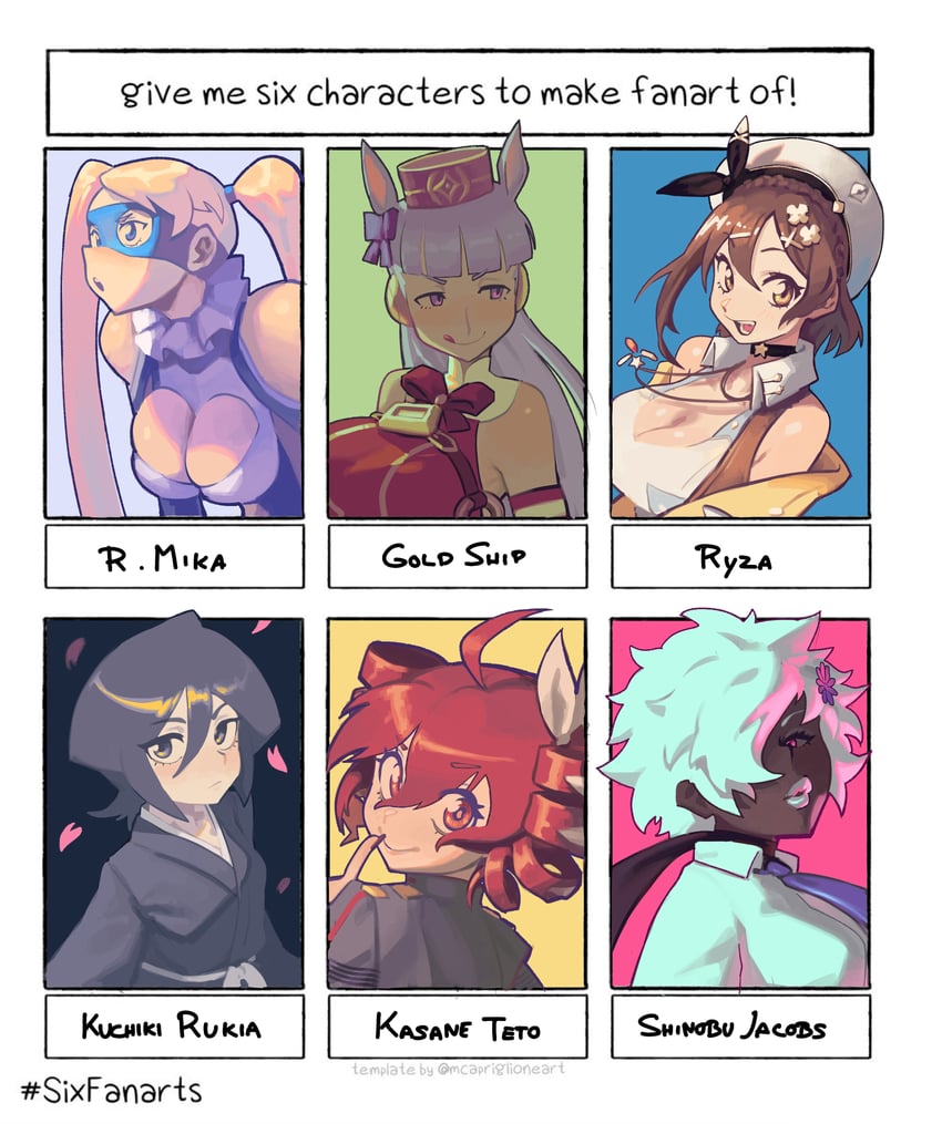 kasane teto, gold ship, reisalin stout, kuchiki rukia, rainbow mika, and 1 more (umamusume and 7 more) drawn by piku184