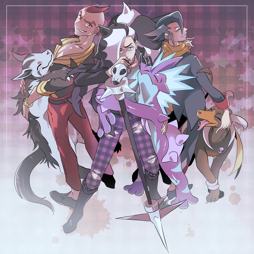 piers, grimsley, houndoom, mightyena, toxtricity, and 1 more (pokemon and 3 more) drawn by maruboku