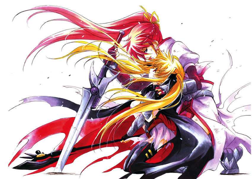 fate testarossa, signum, laevatein, and bardiche (lyrical nanoha and 3 more) drawn by hayasehashiba