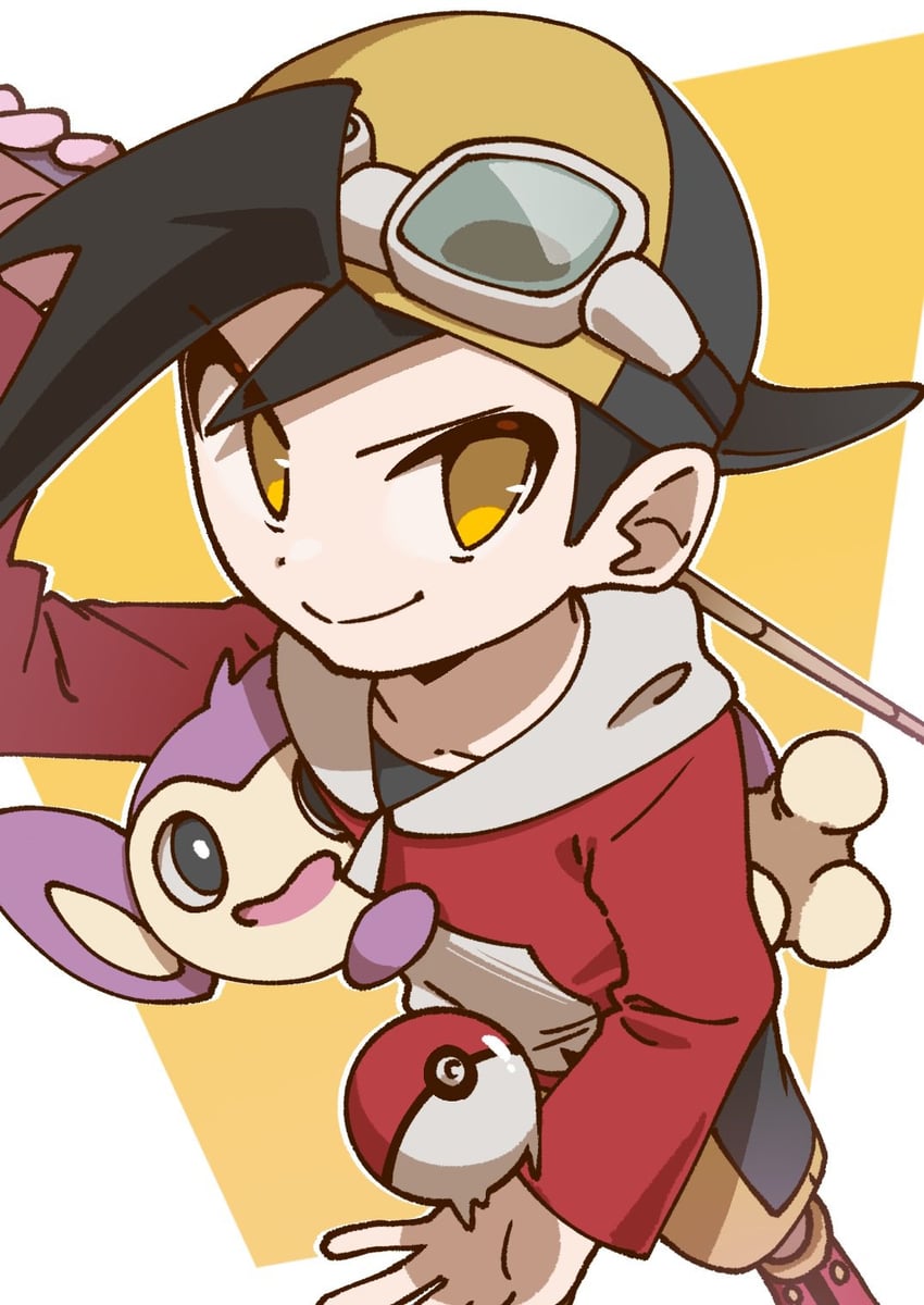 ethan and aipom (pokemon and 1 more) drawn by omochi_(omotimotittona3)