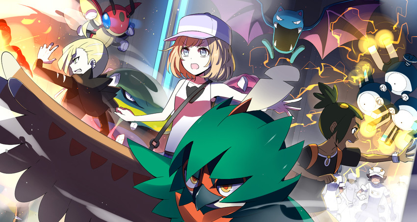 selene, gladion, hau, aether foundation employee, decidueye, and 4 more (pokemon and 1 more) drawn by rupinesu