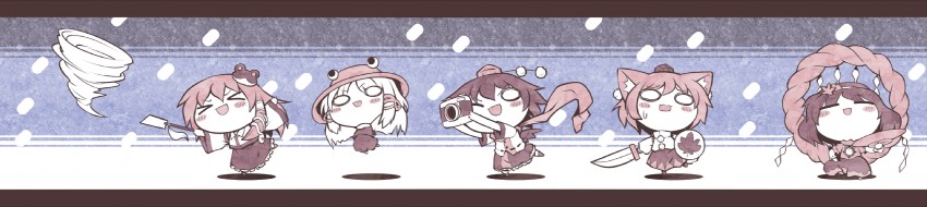 kochiya sanae, shameimaru aya, inubashiri momiji, moriya suwako, and yasaka kanako (touhou) drawn by nekoguruma