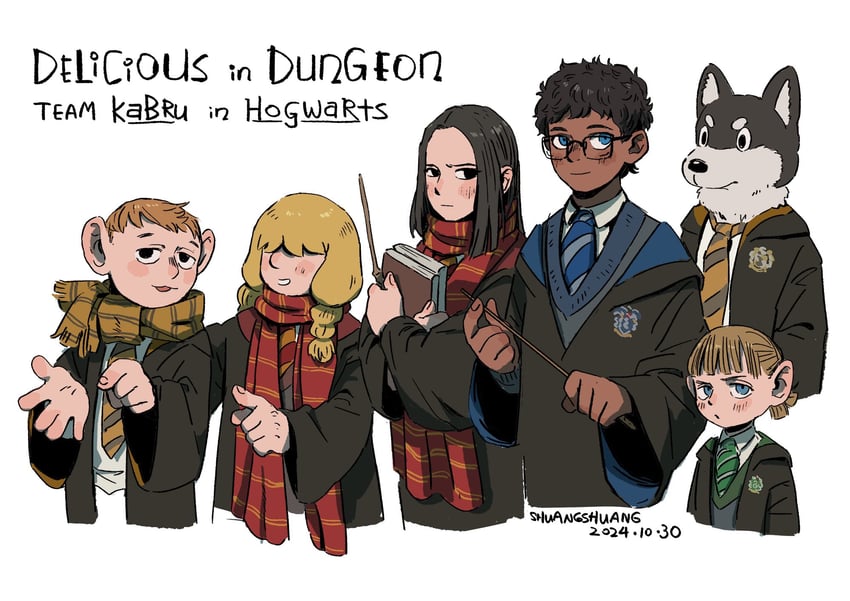 kabru, mickbell tomas, kuro, rin, holm kranom, and 1 more (dungeon meshi and 2 more) drawn by shuangshuanghao