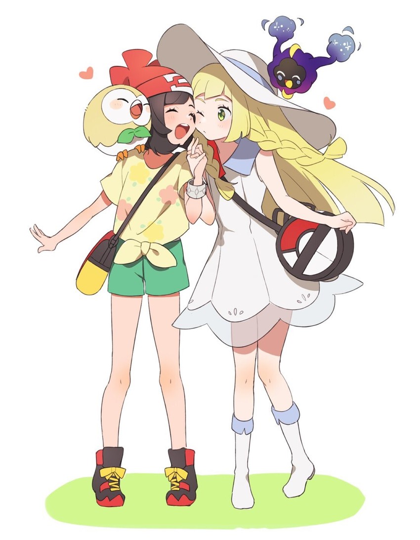 lillie, selene, rowlet, and cosmog (pokemon and 1 more) drawn by unapoppo