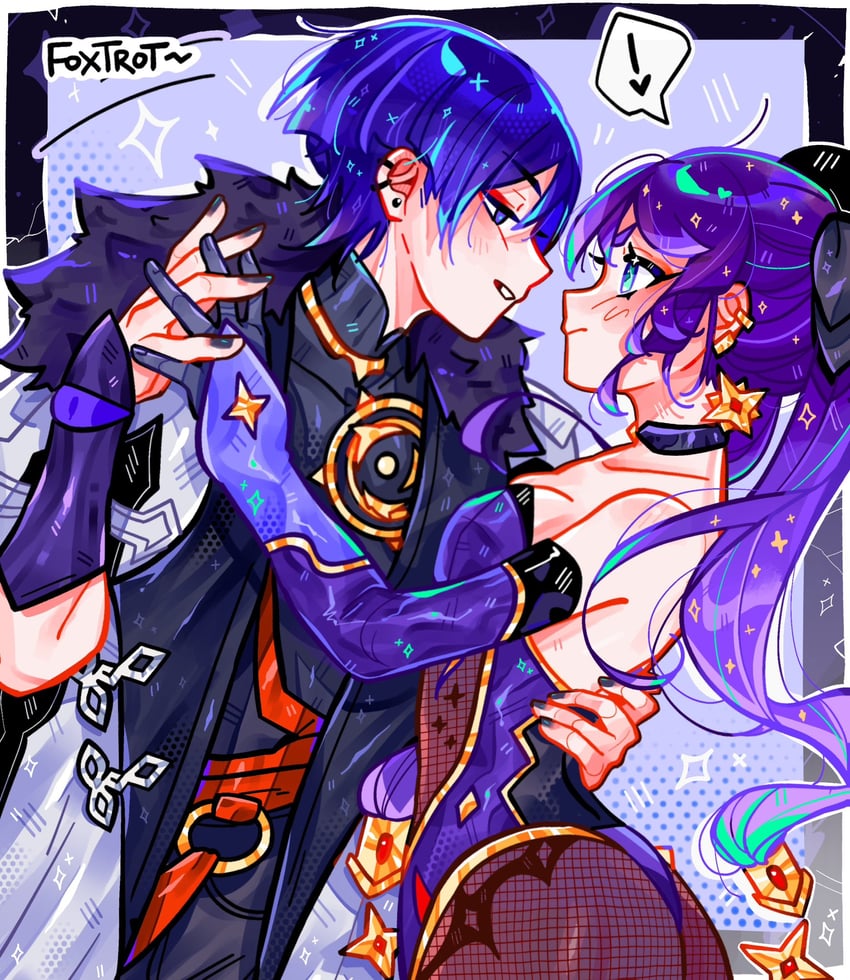 scaramouche and mona (genshin impact) drawn by foxtrot_(foxtrot_xx)