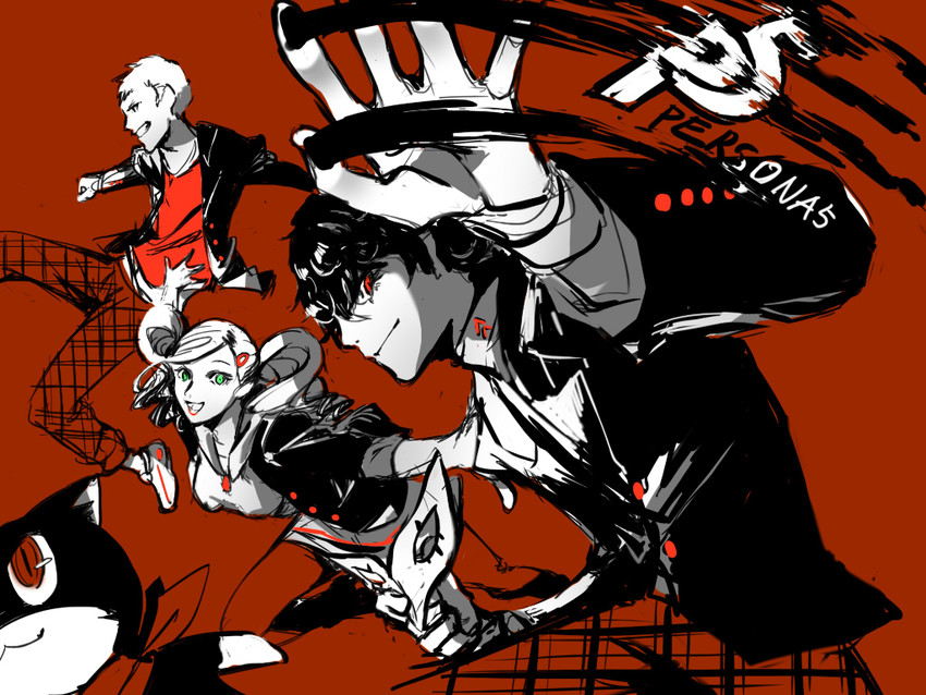 amamiya ren, takamaki anne, morgana, and sakamoto ryuuji (persona and 1 more) drawn by ryou_(60703991)