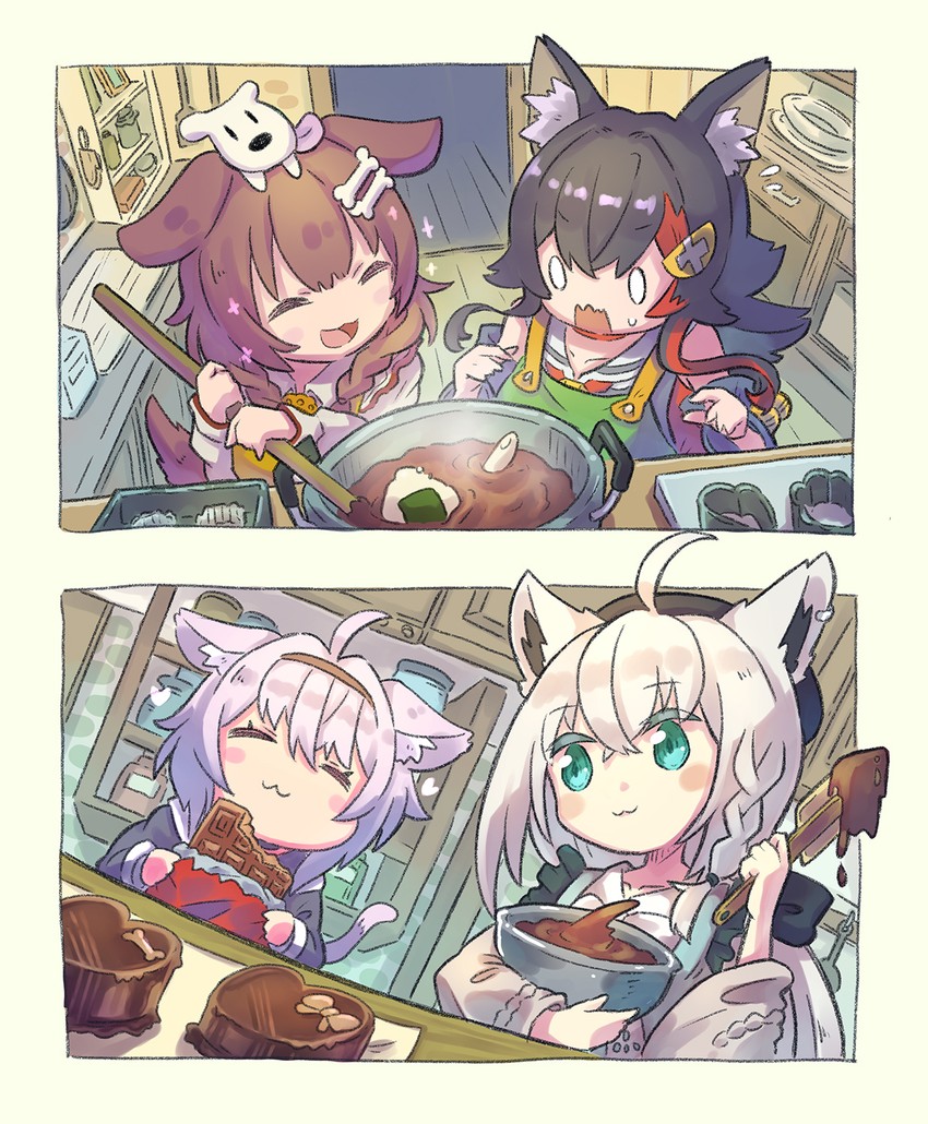 shirakami fubuki, nekomata okayu, ookami mio, inugami korone, and hoso-inu (hololive) drawn by yunra665