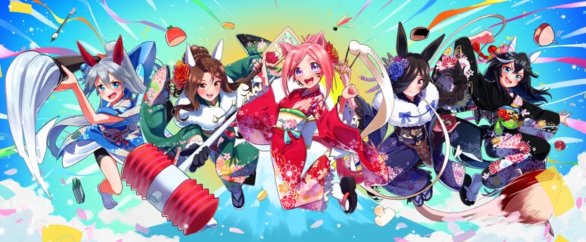 rice shower, king halo, tamamo cross, katsuragi ace, and haru urara (umamusume) drawn by freely2327